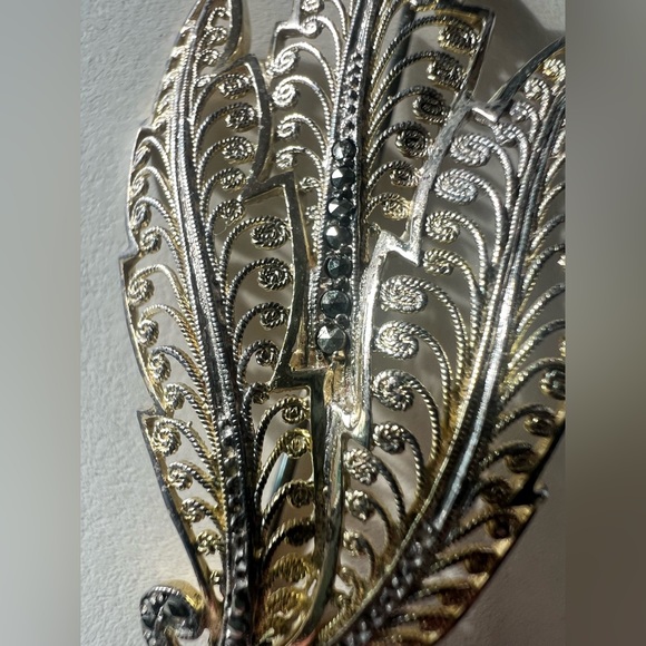 Alice Caviness Brooch Sterling Marcasite Vermeil Filigree Leaf Brooch Germany - Picture 3 of 11